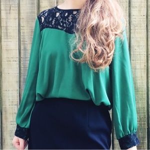 Lucky Emerald Blouse with Black Lace